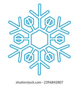 Silhouette de copo de nieve trenzada azul, elemento de decoración de festival de invierno. Nieve de invierno, símbolo de milagro puro de Navidad. Icono de vector de línea simple aislado en fondo blanco