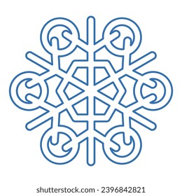 Silhouette de copo de nieve trenzada azul, elemento de decoración de festival de invierno. Nieve de invierno, símbolo de milagro puro de Navidad. Icono de vector de línea simple aislado en fondo blanco