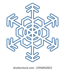Blue stroked silhouette of snowflake, element of winter festival decoration. Winter snow, Christmas pure miracle symbol. Simple liner vector icon isolated on white background