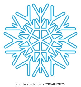 Blue stroked silhouette of snowflake, element of winter festival decoration. Winter snow, Christmas pure miracle symbol. Simple liner vector icon isolated on white background