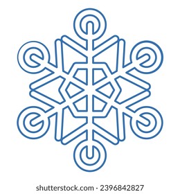 Blue stroked silhouette of snowflake, element of winter festival decoration. Winter snow, Christmas pure miracle symbol. Simple liner vector icon isolated on white background