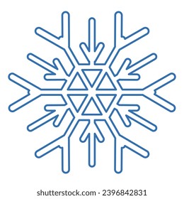 Blue stroked silhouette of snowflake, element of winter festival decoration. Winter snow, Christmas pure miracle symbol. Simple liner vector icon isolated on white background