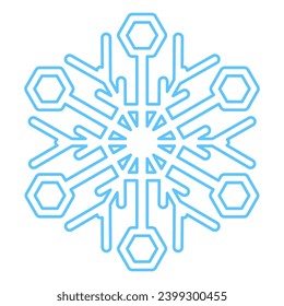 Silhouette de copo de nieve trenzada azul, elemento de decoración de festival de invierno. Nieve de invierno, símbolo de milagro puro de Navidad. Icono de vector de línea simple aislado en fondo blanco