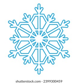 Blue stroked silhouette of snowflake, element of winter festival decoration. Winter snow, Christmas pure miracle symbol. Simple liner vector icon isolated on white background