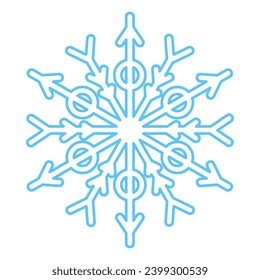 Blue stroked silhouette of snowflake, element of winter festival decoration. Winter snow, Christmas pure miracle symbol. Simple liner vector icon isolated on white background