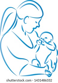 Blue strokes of a woman cradling a baby.