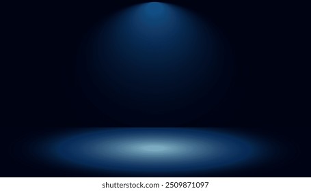 Fundo de estúdio azul com luzes brilhando no chão, sala de parede preta com holofotes, ilustração editada usada para exibição do produto.