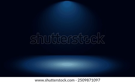 Blue studio background with lights shining on the floor, black wall room with spotlights, edited illustration used for product display.