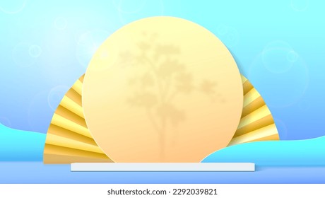 Blue studio for cosmetic product display. Background in paper style. Yellow circle with plant shadow behind podium.