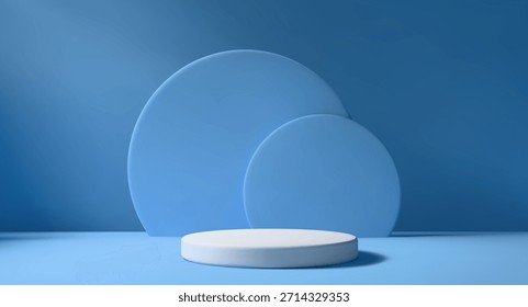 Estudio azul con elegante podio blanco y luz natural. Escenario 3D moderno para el escaparate del producto. Espacio minimalista limpio para mostrar el artículo en el soporte.