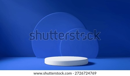 Blue studio with elegant white podium and natural light. Modern 3D stage for product showcase. Clean minimalist space for displaying item on stand.