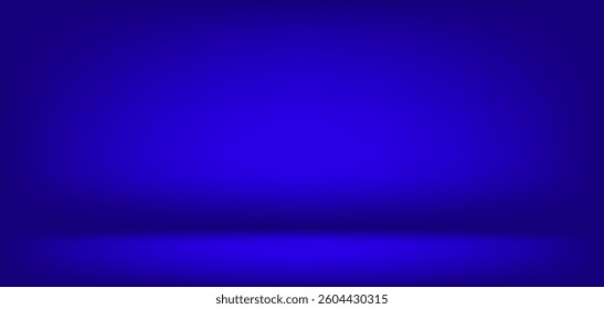 Blue studio gradient background. Abstract empty room backdrop. 3d vector cool light texture. Luxury neon lights limbo bg. Dark festive color bg. Modern photo studio spotlight glow podium gradation