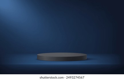 Fondo azul de la sala de estudio. Vector de fondo azul 3d con podio negro. Habitación vacía con efecto de luz. Espacio para vender productos en el Sitio web. Escenario redondo para showcase.Ilustración vectorial