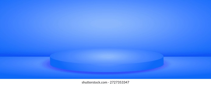 Blauer Studioraum mit Podiumbühne. Heller Limbo-Hintergrund. Abstrakter 3D-BG mit leerem Platz für Werbetexte. Vektorgrafik