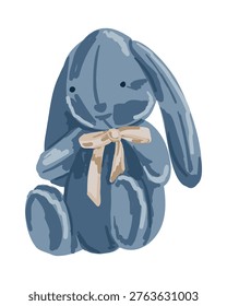 Blue stuffed rabbit toy with long ears and a bow, positioned upright, showcasing a soft texture and round shape, suitable for childrens rooms or gifts
