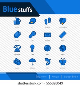 Blue stuffs vector icons set on white background.  Premium quality outline symbol collection. Stroke vector logo concept, web graphics.