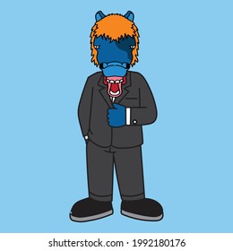 blue stupid horse character cartoon illustration wearing suit