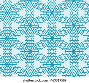 blue style. Seamless pattern based on the illusory triangles, rhombus. Vector illustration. For the interior design, wallpaper, textiles, presentations, images illusions.