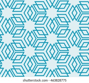 blue style. Seamless pattern based on the illusory triangles, rhombus. Vector illustration. For the interior design, wallpaper, textiles, presentations, images illusions.