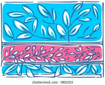 The blue stylized background with a pink strip and white leaves.