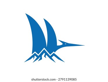 Blue stylized bird soaring above mountain peaks on a plain background