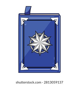 Blue stylized book featuring a central compass rose emblem, accented with metallic corner protectors and a bookmark, symbolizing adventure, knowledge, and ancient lore on a pure white background