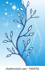 Blue stylized branch on a blue background. Digital illustration.