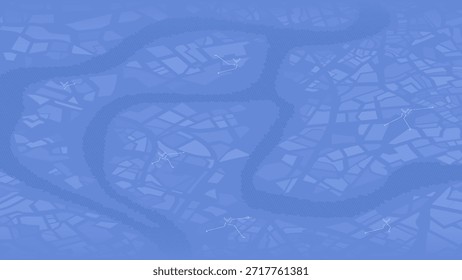 Mapa de la ciudad estilizado azul con el río que serpentea a través de bloques urbanos y caminos marcados. Ilustración vectorial.