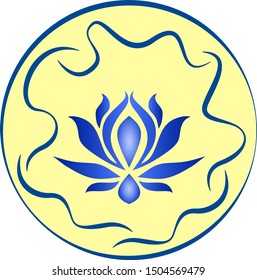 Blue stylized flower with decoration in form of swirls in circle. Vector illustration. Perfect for logotypes beauty salon.