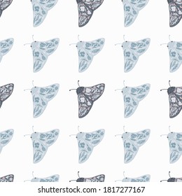 Blue stylized folk moles seamless pattern. Butterfly ornament on white background. Nature print. Decorative backdrop for wallpaper, textile, wrapping paper, fabric print. Vector illustration.