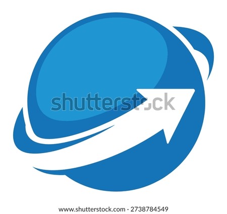 A blue stylized globe or sphere with a white arrow wrapping around it, indicating global movement, direction, or progress. This abstract graphic represents connectivity and forward momentum.