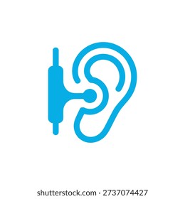 A blue, stylized icon representing audio input or output via a headphone jack and ear.