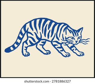 Blue stylized illustration of striped cat stalking cautiously with bent legs and tiger-like pattern on beige background