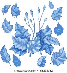 Blue stylized leaf stems buds isolated on white background
