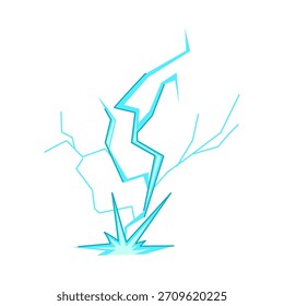 Un rayo estilizado azul golpea una superficie, genera una descarga de electricidad energética y chispas, ilustrando la potencia, la fuerza y el impacto repentino