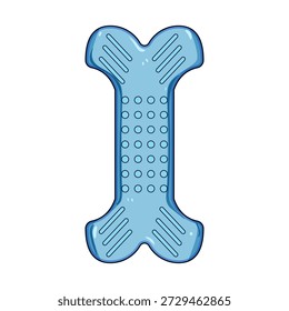 Juguete de hueso de plástico estilizado azul con una superficie texturizada con líneas paralelas y círculos en relieve, diseñado para el placer de masticar y jugar de las mascotas, aislado sobre un fondo blanco limpio