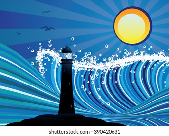 Blue stylized sea with big waves and lighthouse.