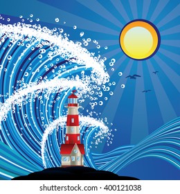 Blue stylized sea with big waves and lighthouse.