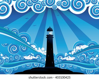 Blue stylized sea with big waves and lighthouse.