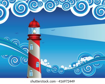 Blue stylized sea with big waves and lighthouse.