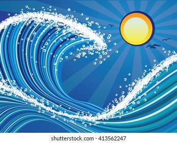 Blue stylized sea or ocean with big stormy waves.