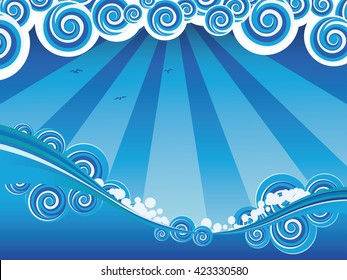 Blue stylized sea or ocean with big stormy waves.
