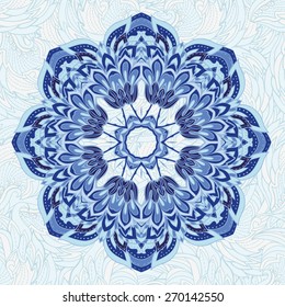 Blue stylized tracery round ornament.  Vector illustration. Illustration for greeting cards, invitations, and other printing projects.