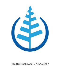Árvore estilizada azul e símbolo de arco de água promovendo o crescimento da natureza.