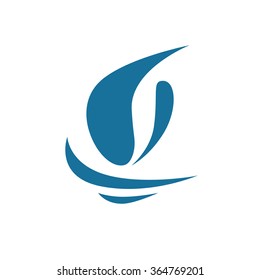 Blue Stylized Vector Sailing Ship. Sign for Logos and Icons.