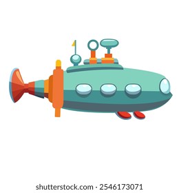 Blue submarine flat icon, cartoon submarine clip art, isolated on white background