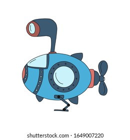 Blue submarine with a periscope.Simple vector hand-drawn illustration in cartoon style.isolated on a white background.Suitable for printing on children s clothing,t-shirts,cups,postcards,books.