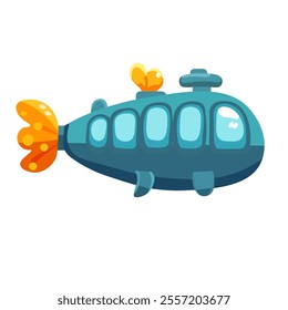 Blue submarine vector design, cute submarine clip art image, cartoon blue submarine clipart, isolated on white background