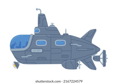 Blue Submarine Watercraft Swimming Underwater Vector Illustration