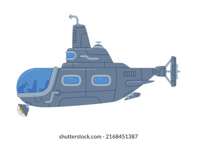 Blue Submarine Watercraft Swimming Underwater Vector Illustration